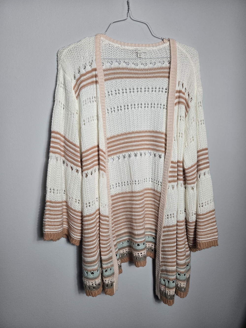 Cato Open Front Striped Pointelle Knit Cardigan Sweater 3/4 Sleeve Size 18/20